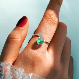 GRAEEN Crystal Mermaid Rings Adjustable Open Ring Fish Tail Band Ring Silver Eternity Ring Jewelry for Women (Style A)