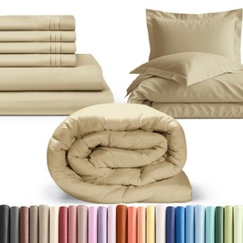 6 Piece Beige Full Bed Sheet Set w/ Comforter + Duvet Cover – 16 inch Deep Pockets – 1 Flat, 1 Fitted Sheet and 4 Pillowcases – Oeko-TEX - Super Soft & Wrinkle Free - Hotel Luxury Bedding