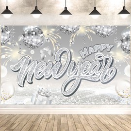 HOWAF Happy New Year Party Decoration Banner, Silver Glitter Backdrop Banner for 2026 Happy New Year's Eve Party Decoration, Large Fabric Happy News Years Party Banner for Photo Background Supplies