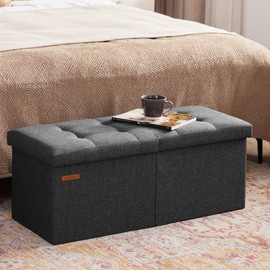 HAUSFRAU 31.5 Inches Ottoman with Storage Bench, Folding Ottoman Bench Small Foot Rest Stool, Bedroom Bench with Flipping Lid, Linen Dark Gray