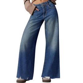 Cicy Bell Women's Wide Leg Jeans Casual High Waisted Distressed Frayed Hem Loose Trendy Baggy Denim Pants with Pockets Blue