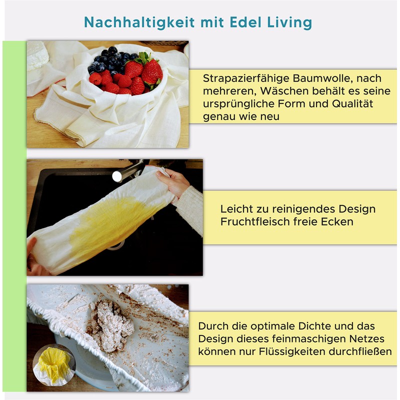 Edel Living Straining Cloth with Drawstring, Cheesecloth, Reusable, Made of