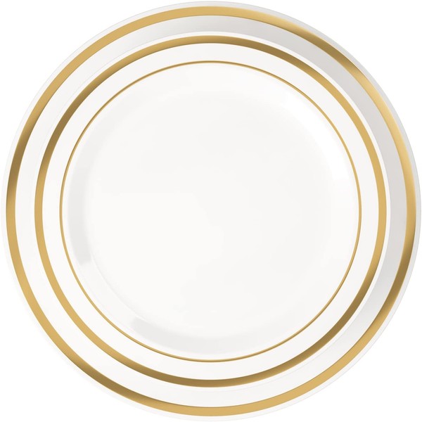 Disposable Plastic Plates - 60 Pack - 30 x 10.25" Dinner and 30 x 7.5" Salad Combo - Gold Trim Real China Design - Premium Heavy Duty - By Aya's Cutlery Kingdom