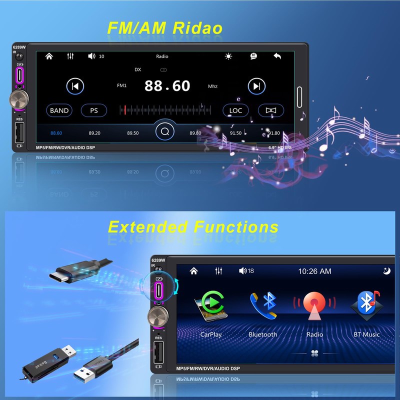 6.9" Single DIN Car Radio with Wireless Apple CarPlay, Car