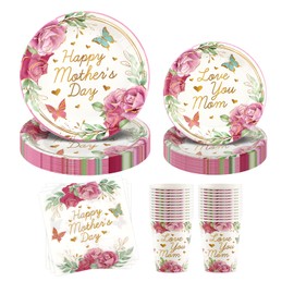 Arosche Mothers Day Decorations Happy Mother's Day Party Supplies Set for 24-Disposable Paper Plates, Napkins, Cups, Mother's Day Celebration Party Decor for Outside, Picnic