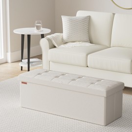 SONGMICS Storage Ottoman Bench, Foldable Ottoman Foot Rest, 15 x 43 x 15 Inches, End of Bed Bench, Storage Chest, Load up to 660 lb, for Living Room, Bedroom, Entryway, Cream White ULSF277W01