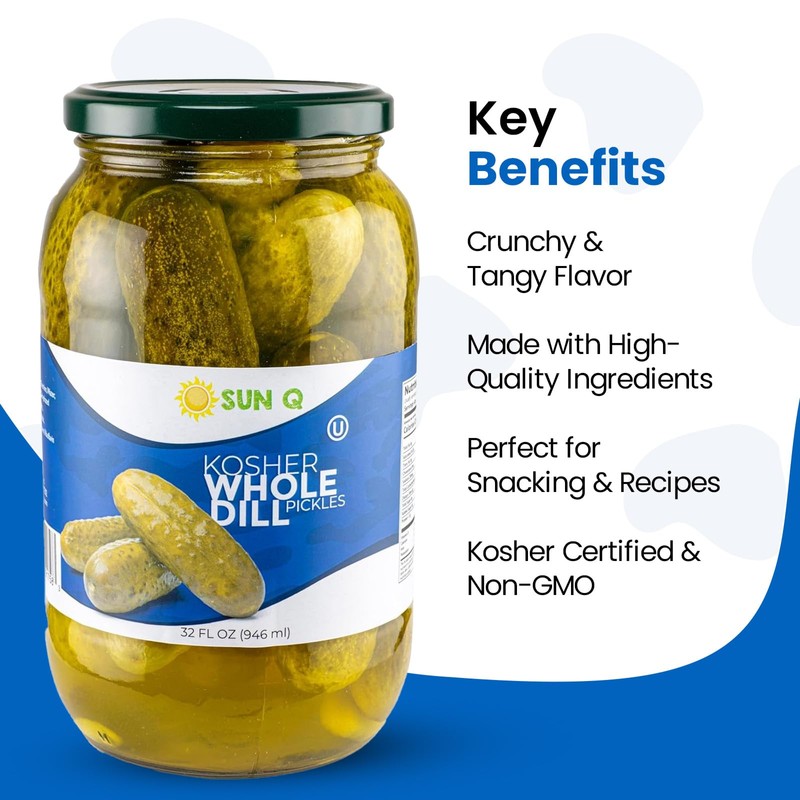 Sun Q Kosher Whole Dill Pickles, 34fl oz | Crisp,