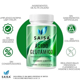 SAISA HERBAL Ácido Glutámico 100% Puro,120 Cápsulas | Suplemento para Memoria, Concentración y Enfoque Mental
