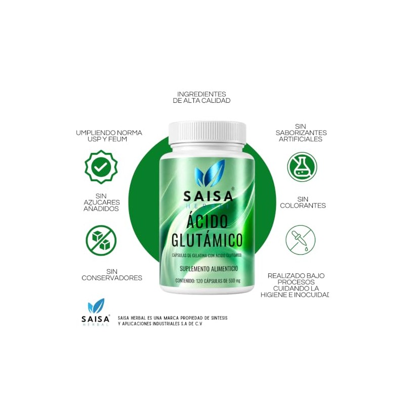 SAISA HERBAL Ácido Glutámico 100% Puro,120 Cápsulas | Suplemento para
