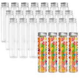 25 Pcs Clear Plastic Test Tube, 110ml Flat Bottom Bath Salt Tubes with Silver Aluminum Screw Caps, Reusable Test Tube for Candy Beads Science Party (30x140mm)