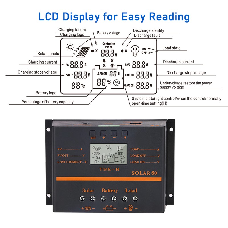 40A PWM Solar Charge Controller 12V/ 24V Self-Adapting LCD Solar