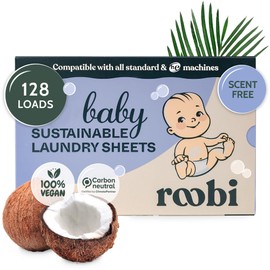 Roobi Baby Laundry Detergent Sheets. Specially Formulated for Sensitive Skin. Newborns, Infants & Toddlers Clothes. Unscented. Up to 128 Loads