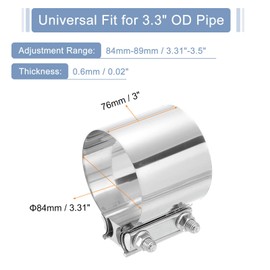 sourcing map 3.3 Inch Exhaust Clamp, 304 Stainless Steel Butt Joint Band Clamp Sleeve Coupler Pipe Repair Clamp Universal Widening Clamp for Exhaust Pipes Mufflers, Silver