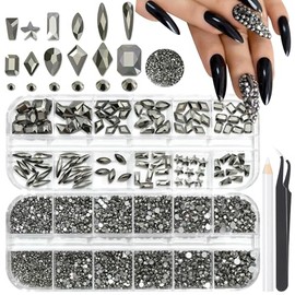 3520Pcs Mineral Gray Nail Rhinestones for Nails,Multi Shapes Flatback Nail Gems Round Glass Crystal Rhinestone for Crafts,1.3-4MM Size Nail Diamond Gemstones Charms for Nails Design DIY Makeup Decor