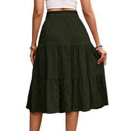 HELYO Women's Casual Summer Skirt 626s Boho Elastic Waisted Flowy Drawstring Ruched A Line Tiered Midi Dress Skirt 626 Army Green S