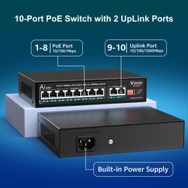 8 Port PoE Switch 100Mbps with 2 Gigabit Uplink, VIMIN 10-Port Unmanaged 10/100Mbps Fast Ethernet PoE Switch with 2 Ethernet Uplink, VLAN, Support IEEE802.3af/at