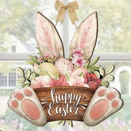 Wuhetyo Easter Wreaths for Front Door Bunny Welcome Wood Sign Decor 30inch Door Hanger Bunny Wreath Hanging Plaque Spring Wreath Rabbit Sign for Easter Decorations