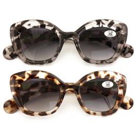 V.W.E. 2 Pairs Women Outdoor Reading Sunglasses Oversized Full Gradient Lens Readers Oval Cateye (1 Grey 1 Brown, 0, x)