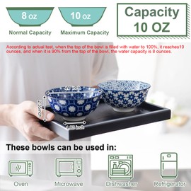 AntoKueh Blue and White Ceramic Bowls Set of 6, 10 oz Small Dessert bowl 4.7in for ice cream, Snack, Porcelain bowl for Dipping, Microwave & oven Safe