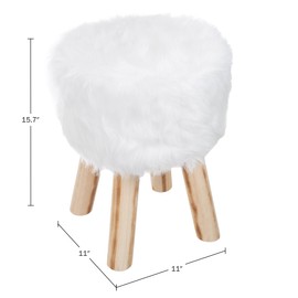 Lavish Home Ottoman - Round Footrest, Vanity Chair, or Accent Stool with Faux Fur Fabric and Wood Legs for Bedroom, Dorm, or Apartment (White)