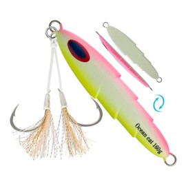 OCEAN CAT Slow Pitch Jig Flat Fall Jigging Fishing Lures Vertical Jigs Jigging Baits with Assist Slow Pitch Jig Hook for Saltwater Fishing 60G/100G/150G/200G/250G (250G, Style-9: Pink&Yellow Color)