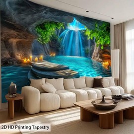 FENDROM Nature Karst Cueva Cascada Tapiz Sunshine Cueva Lanzada Agua, Hojas Verdes Paisaje para colgar en la pared, telón de fondo para decoración del hogar, sala de estar y recámara