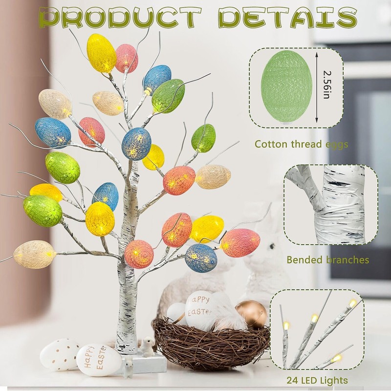 ApisNest Pre-lit Easter Tree Decorations,24 Inch Easter Birch Tree with