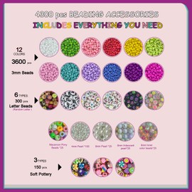 PHODDR 4300pcs Beads Bracelet Making Kit ，Beads for Jewelry Making Kit Supplies, Friendship Bracelet kit， Birthday Christmas Gifts for Girls Ages 5 6 7 8 9 10 11 12 Years Old