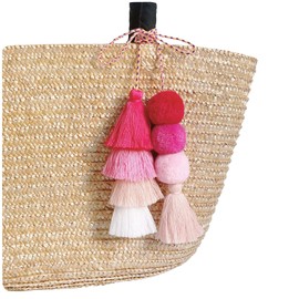 QTMY Cute Hot Pink Pom Pom Tassel Boho Bag Charm for Women Keychain Keyring Purse Handbag Decor Pendant,295-1