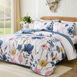 Anibedding Queen Quilt Set, Dark Blue Floral Bedspread Soft Microfiber Lightweight Queen Size Quilt Bedding Sets Flower Coverlet for All Season(Queen, 96"x90")