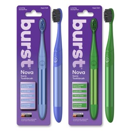 Burst Nova Toothbrush (2 Pack/Blue & Green) | Sonic Powered Teeth Whitening | Super-Soft Bristles | 18000 VPM | 2 Minute Timer | Aluminum Handle | Replaceable Brush Head | Compact Size | AAA Battery