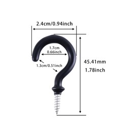 TIOMIOSEA Screw Hooks, Black, Pack of 50, 45.41 mm, Hook Screw, Large, Ceiling Hooks, Wall Hooks, Cup Hooks, Hanging Keys, Cups, Flower Pots
