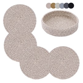 Coga Trivets for Hot Dishes, Trivets for Hot Pots and Pans, 7 Inchs Hot Pads 4 Pcs and Storage Basket for Countertops, Pot Holders for Kitchen, Cotton Table Protector Hot Mats Heat Resistant (Brown)