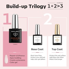 Modelones 8 in 1 Builder Gel for Gel Nails - Nude Pink Base and Top Coat Set, UV Gel Nail Strengthener Extension, Nail Repair - 3 x 15 ml