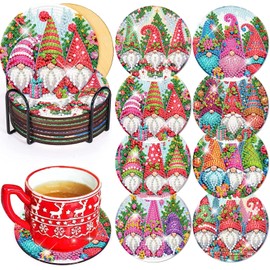 ijbnhd 8 PCS Christmas Diamond Painting Coasters Christmas Gnome Diamond Art Coasters with Holder DIY Gnome Coasters for Beginners Adults 5D Crafts Supplies 4X4inch(Cork Wooden Pad)