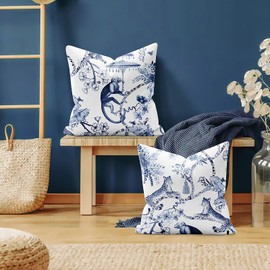 PENUFILO Chinoiserie Flower and Animal Pillow Covers 18x18 Set of 2,Blue and White Pillow Covers Decorative Linen Couch Pillows Covers for Bed Sofa Room Farmhouse Throw Pillow Covers