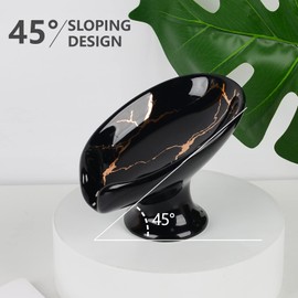 Umlaca Soap Dish Ceramic Self-Draining Soap Holder Keep Soap Dry, Leaf Shape Soap Dish Vintage, Suitable for Kitchen, Bathroom, Shower, Black