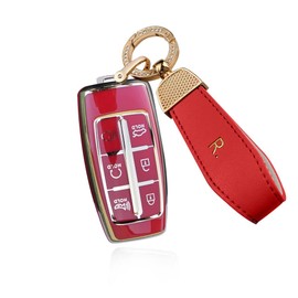 SANRILY Golden-edge 6 Button Key Fob Cover for Genesis GV70 2021 2022 G90 G70 G80 GV80 Keyless Full Protection Key Fob Case with Leather Keychain Red(A), Red(a)