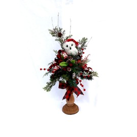 Christmas candlestick arrangement with Owl, winter arrangement, buffalo plaid ribbons, hostess gift
