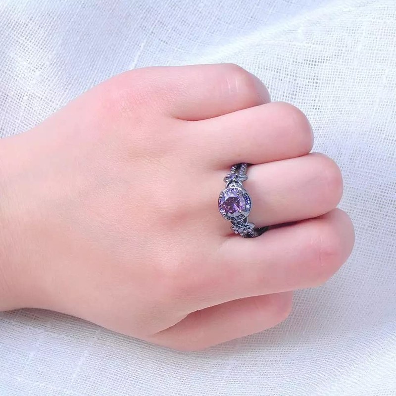 Gothic Black Rings Purple Red Crystal Zircon Diamond Wedding Engagement