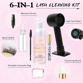 EMEDA Lash Shampoo Kit 2.02 fl oz Lash Cleaning Kit with Rechargeable Fan Dryer/Brush/Rinse Bottle, Oil-free Cleanser Wash for Extensions & Clusters & Natural Lashes, Cleaner for Eyelash Care(Black)