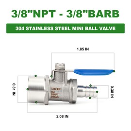 TAISHER 1PCS 304 Stainless Steel Mini Ball Valve Shut Off Switch, 3/8" Hose Barb x 3/8" NPT Female with Hose Clamps for Fuel/Air/Lquid/Gas