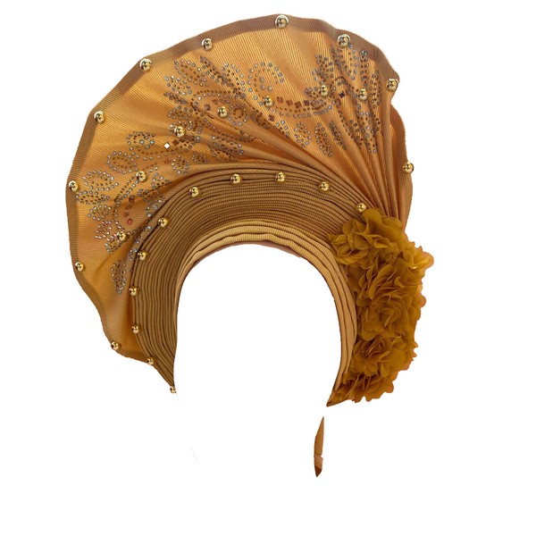 QliHut Nigerian Fashion Designs African Head Wraps Turbans Auto Gele Pear Beading Headtie Wedding Aso Oke Headtie For Occassion And Wedding (Gold)