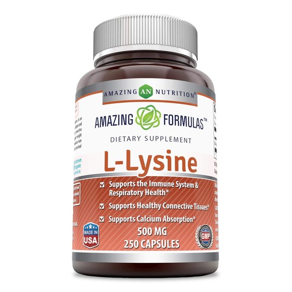 Amazing Formulas L-Lysine Amino Acid Vitamin Supplement (Non-GMO, Gluten Free) - Immune Support, Respiratory Health & More (Capsules, 250 Count)
