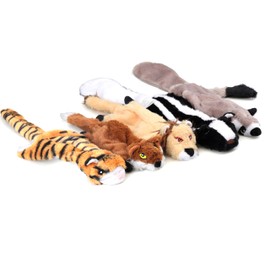 Friendly Pet 5 Pack Plush No Stuffing Double Squeaker Dog Toys, Tiger, Wolf, Raccoon, Skunk, Fox, and Lion for Small, Medium and Large Dogs