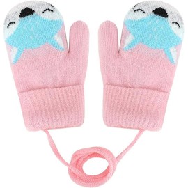 0-3 Years Baby Winter Gloves Kids Knitted Mittens Warm Fleece Lined Gloves Mittens with Cord Outdoor Soft Winter Gloves Ski Gloves Hand Warmer for Boys Girls, pink