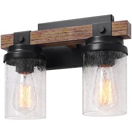 2-Light Farmhouse Vanity Lights for Bathroom, Rustic Bathroom Light Fixtures with Pretty Glass Shade, Rustic Vanity Light for Mirror, Black Wood Wall Sconces for Hallway Bedroom Living Room