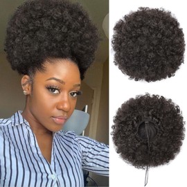 AISI QUEENS Afro Puff Drawstring Ponytail for Black Women, Black Brown Afro Bun Drawstring Ponytail,Short Kinky Curly Afro Ponytail Synthetic Hair Puffs (2#)