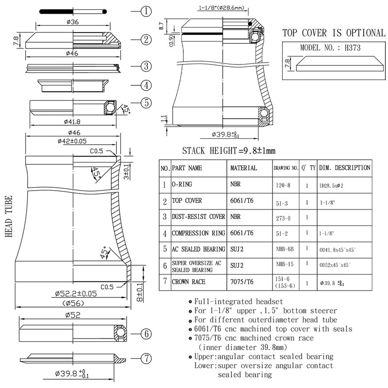 WFS HY638 Full Integrated Headset 1-1/8-1.5 inch Tapered 7.8mm Top