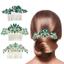 Set de 3 peinetas para cabello de mujer con cristales verdes